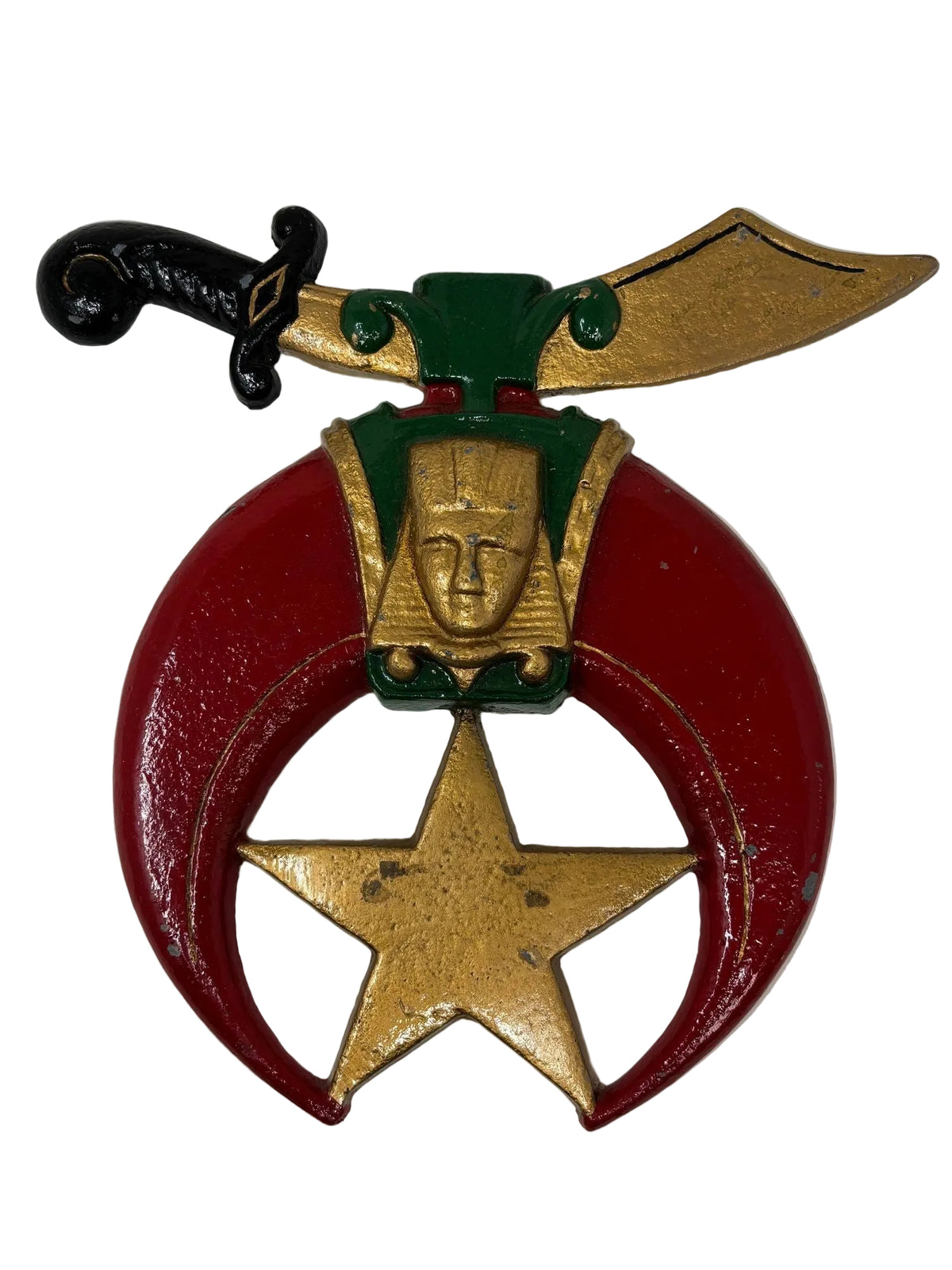 A cast metal emblem wall plaque featuring a crescent moon and scimitar with a gold, red, and green finish, representing Masonic Shriners.