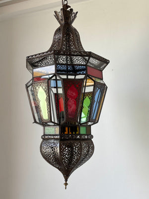 Moroccan Moorish Large Hanging Light Fixture Colored Glass Lantern