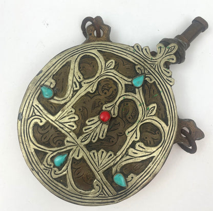 Antique Islamic Arabic Powder Flask, Handcrafted Brass, Morocco, 1920s