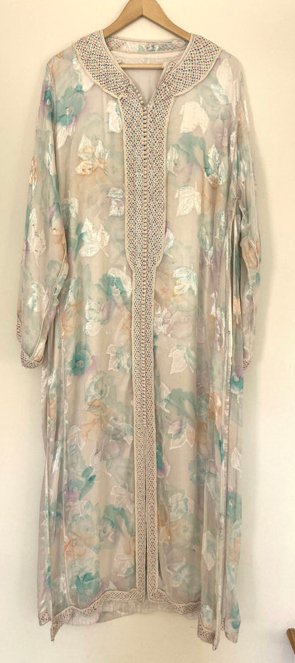 Vintage Moroccan Kaftan in Turquoise and Gold Floral Cheer Fabric