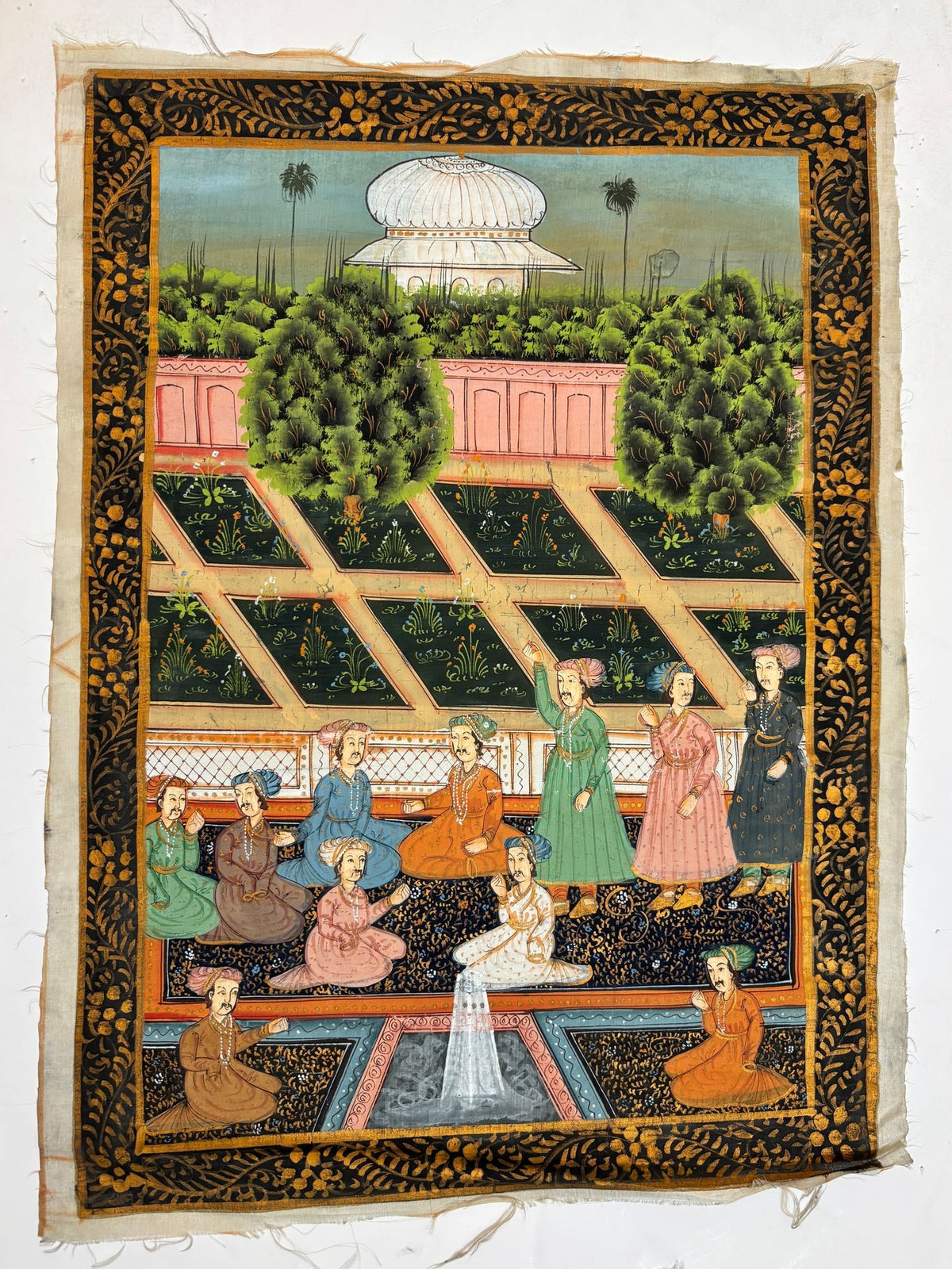 Mughal Court Scene on Silk After a 19th Century Indo-Persian Palace Painting