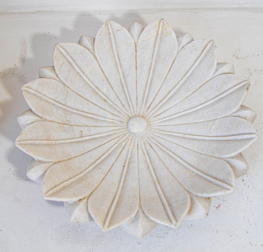 Large Indian Hand-Carved White Marble Lotus Flower Centerpiece Bowl, 1960s
