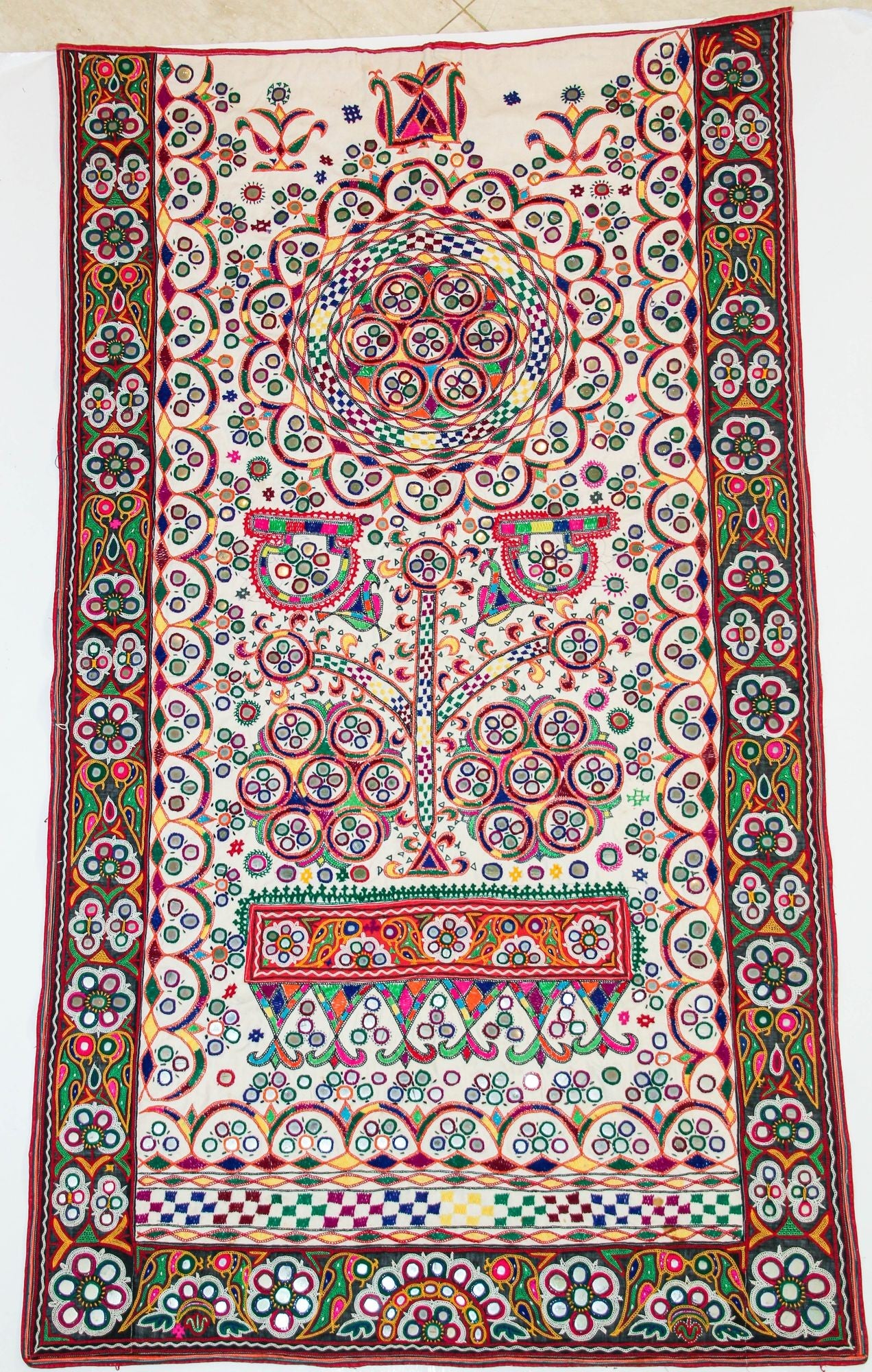 1920's Indian Gujarati Rabari Kutch Silk Embroidered Ethnic Textile with Mirror