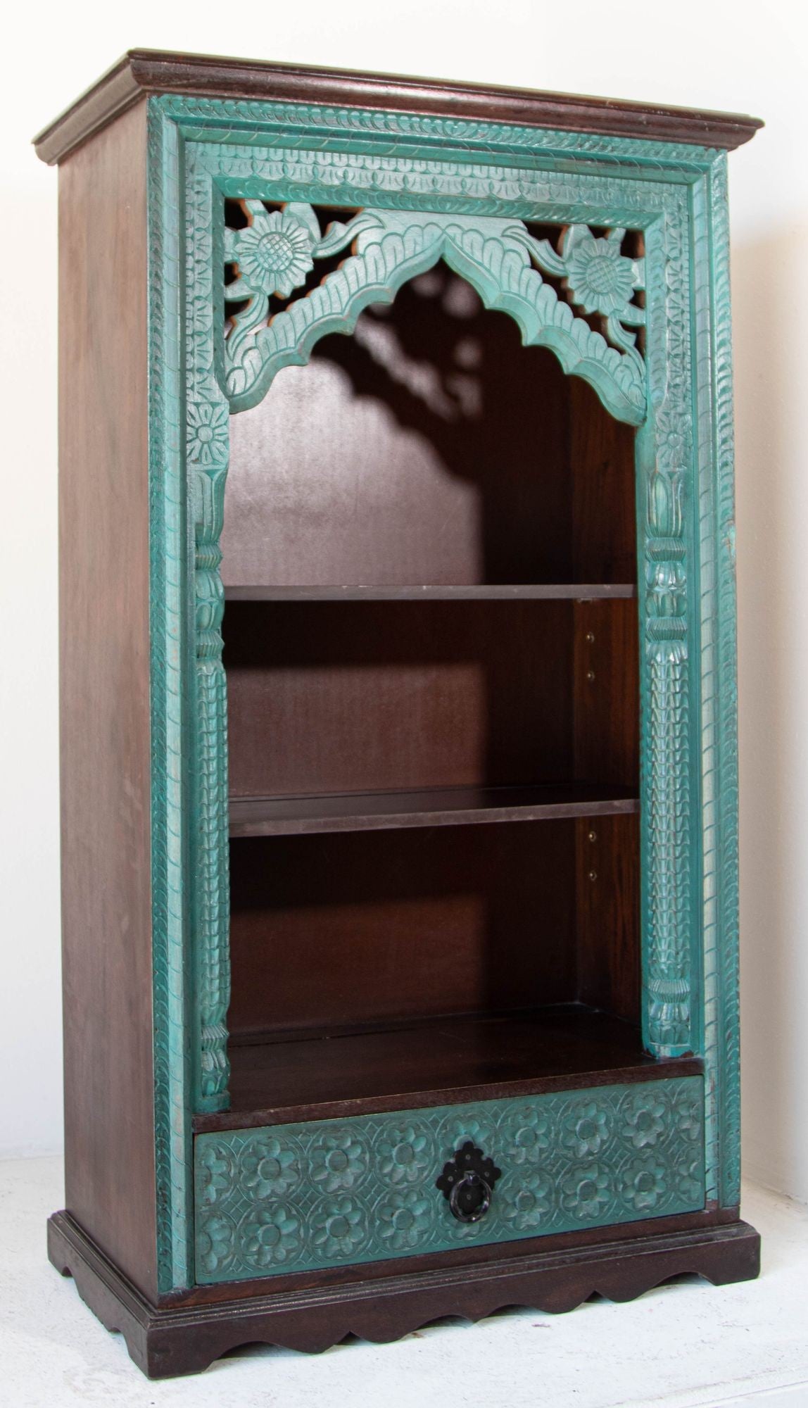 Hand-Carved Arch Bookshelf Wooden Cabinet in Rustic Blue