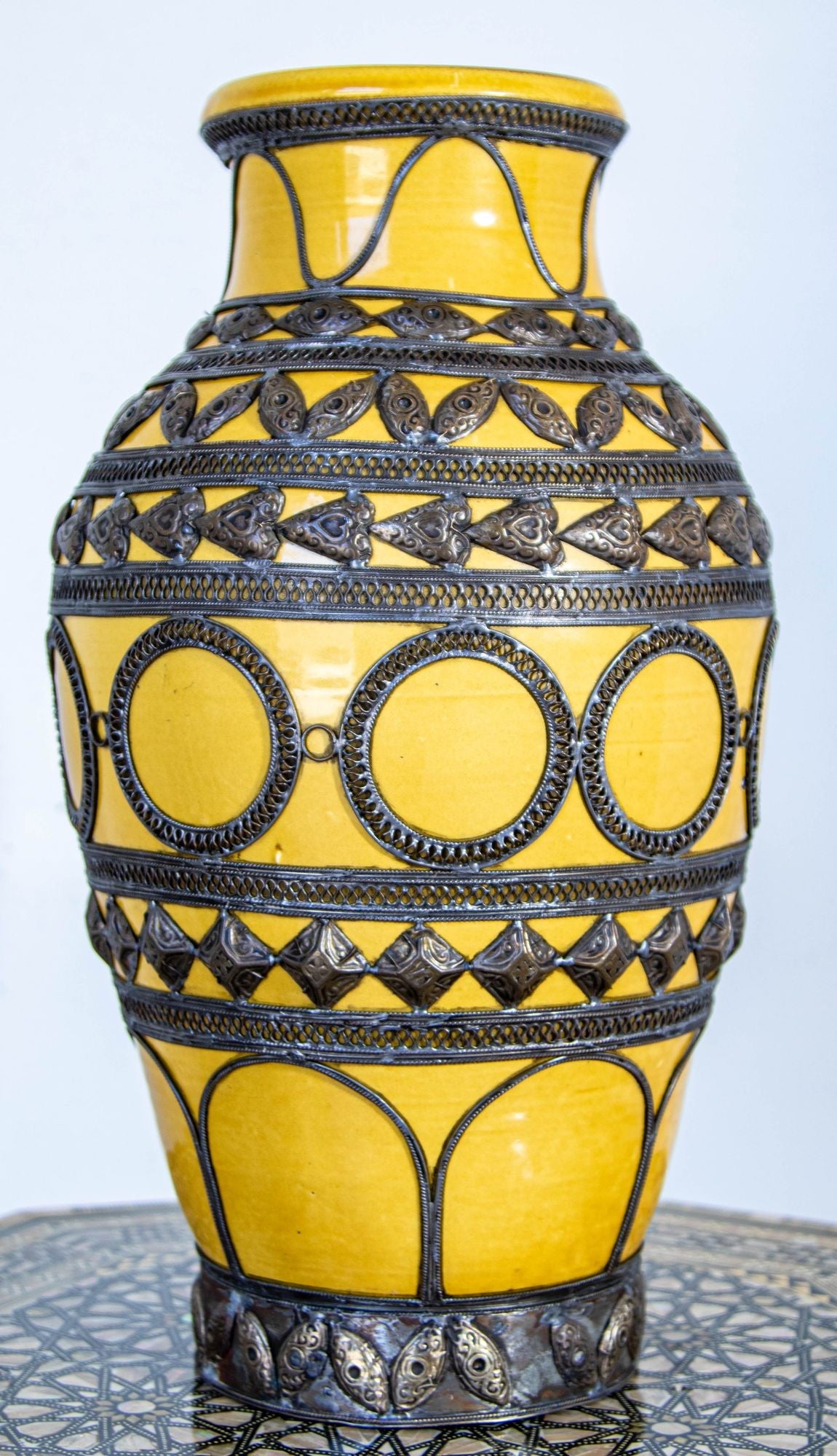 Antique Moroccan Ceramic Vase Bright Yellow with Metal Moorish