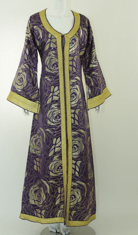 Moroccan Caftan Purple and Gold Damask Embroidered Vintage Kaftan 1960