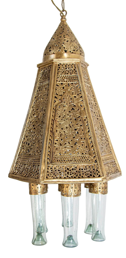 Antique Mamluk Turkish Pierced Brass Hanging Hexagonal Pendant Light Fixture