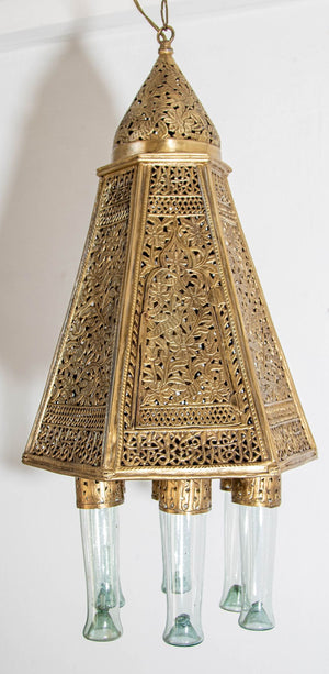 Antique Mamluk Turkish Pierced Brass Hanging Hexagonal Pendant Light Fixture