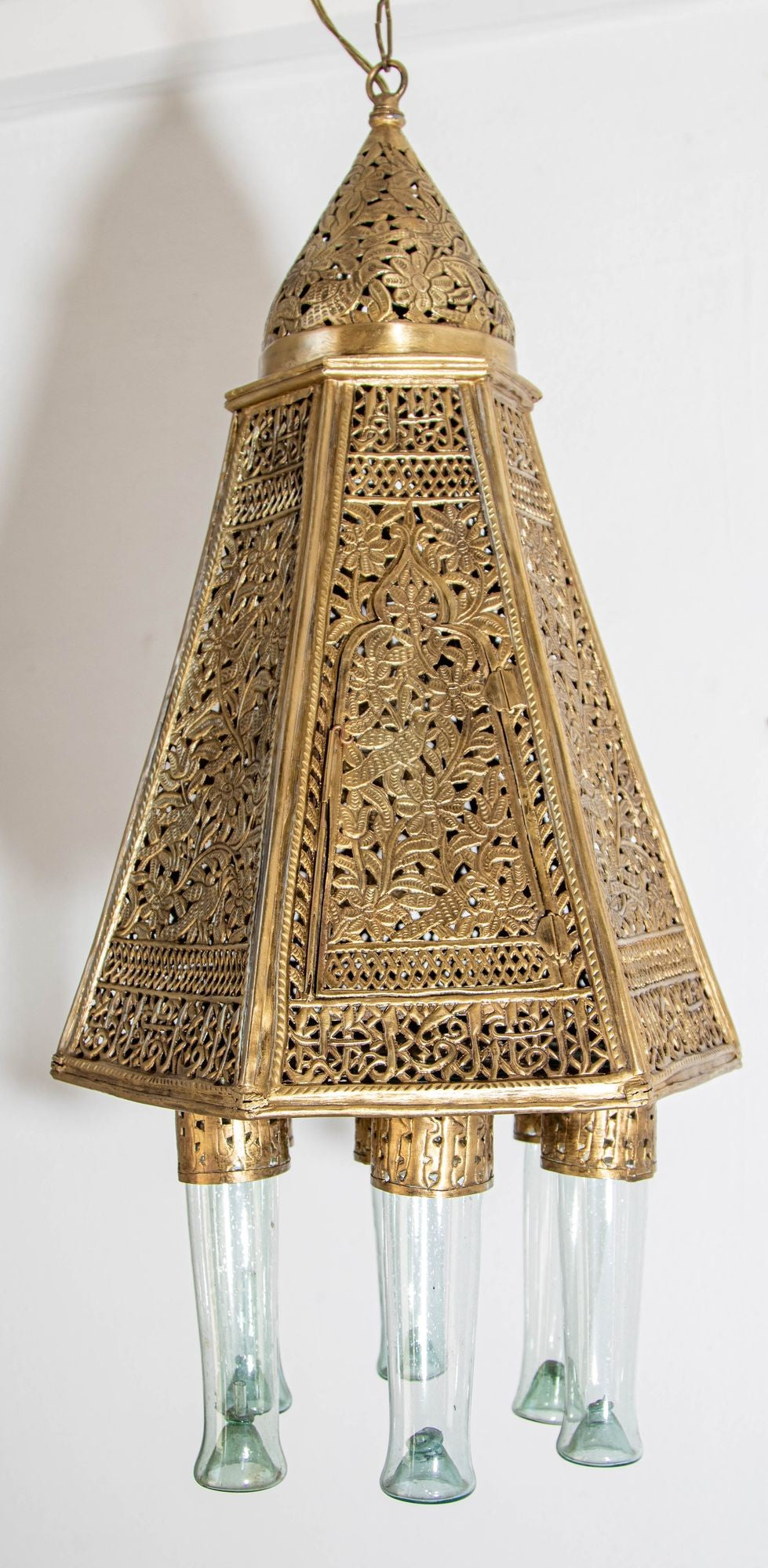Antique Mamluk Turkish Pierced Brass Hanging Hexagonal Pendant Light Fixture