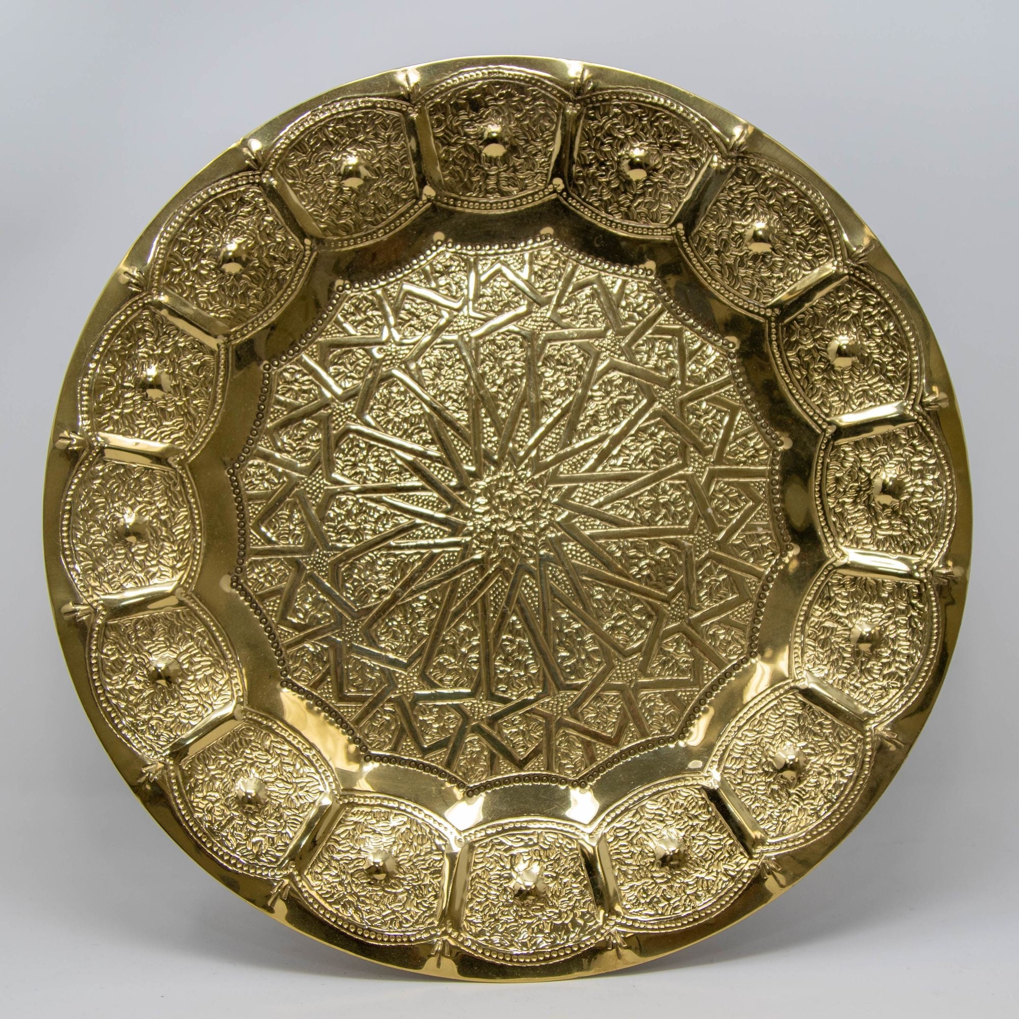 Moroccan Brass Tray Vintage Moorish Islamic Metalwork 12 in. Diameter 1950s
