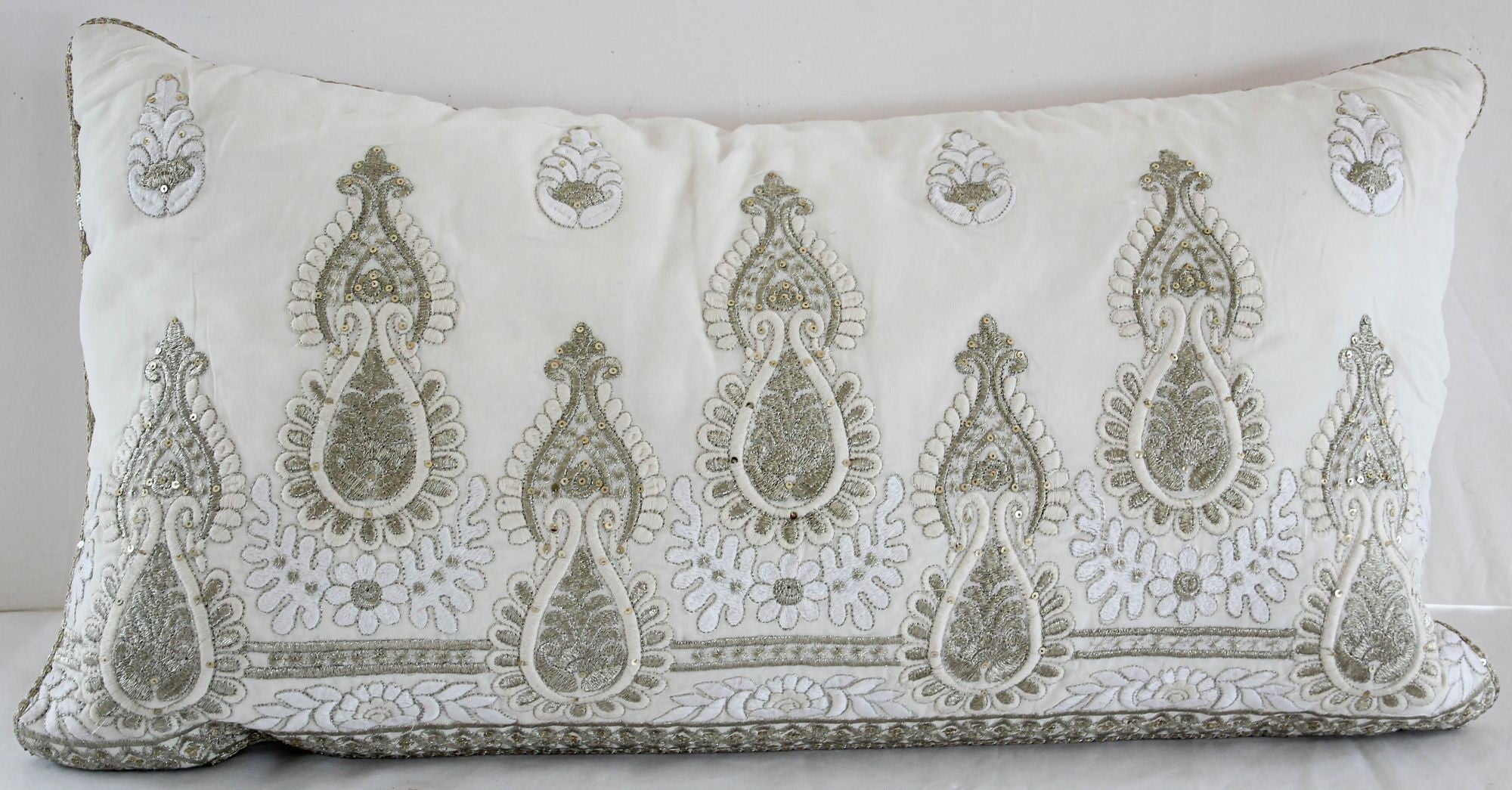 White and Silver Embroidered Mughal Style Throw Pillow
