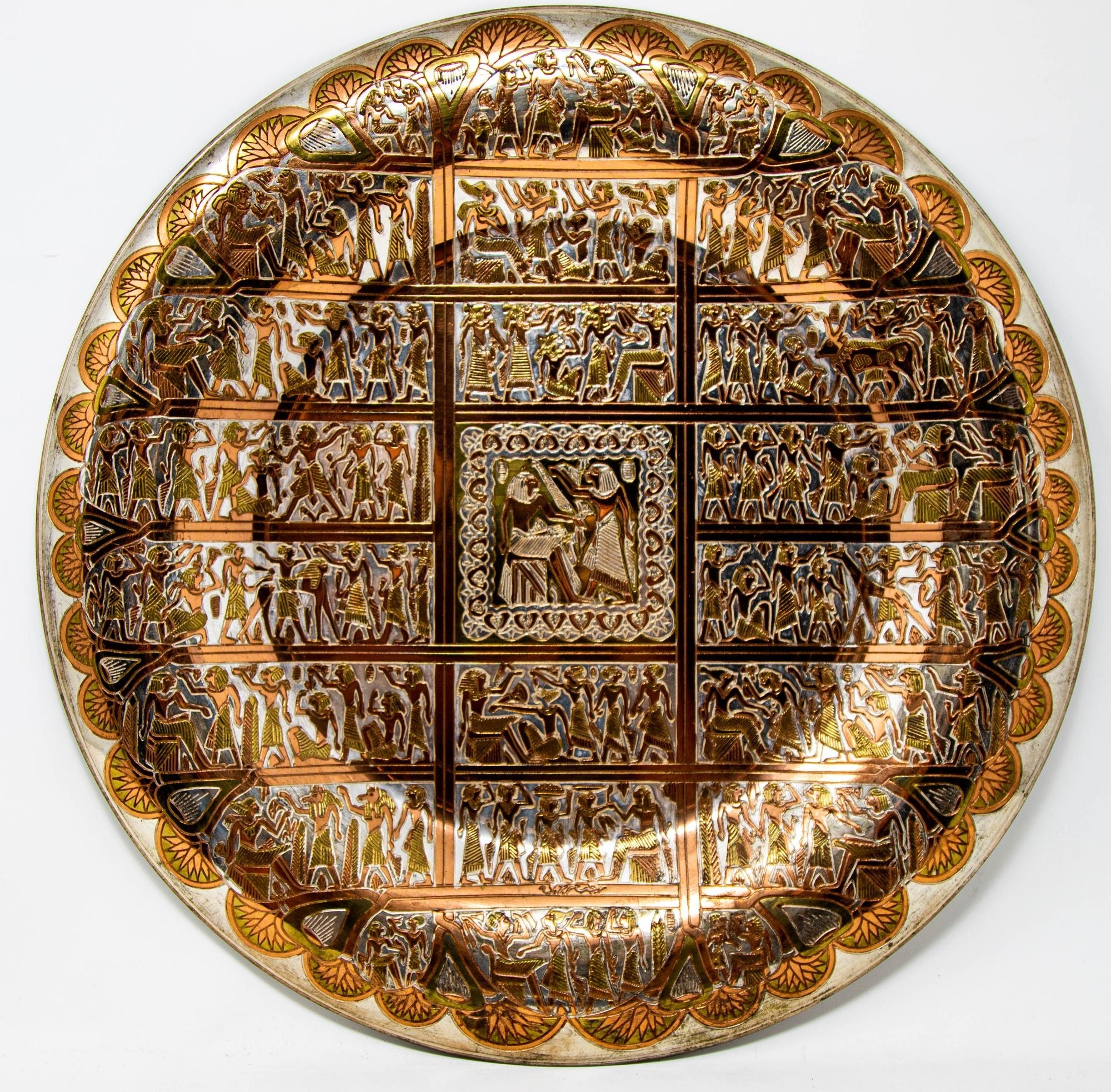 Egyptian Round Brass Tray with Silver and Copper Overlay Wall Hanging Decor