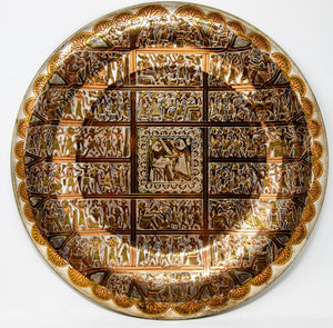 Egyptian Round Brass Tray with Silver and Copper Overlay Wall Hanging Decor