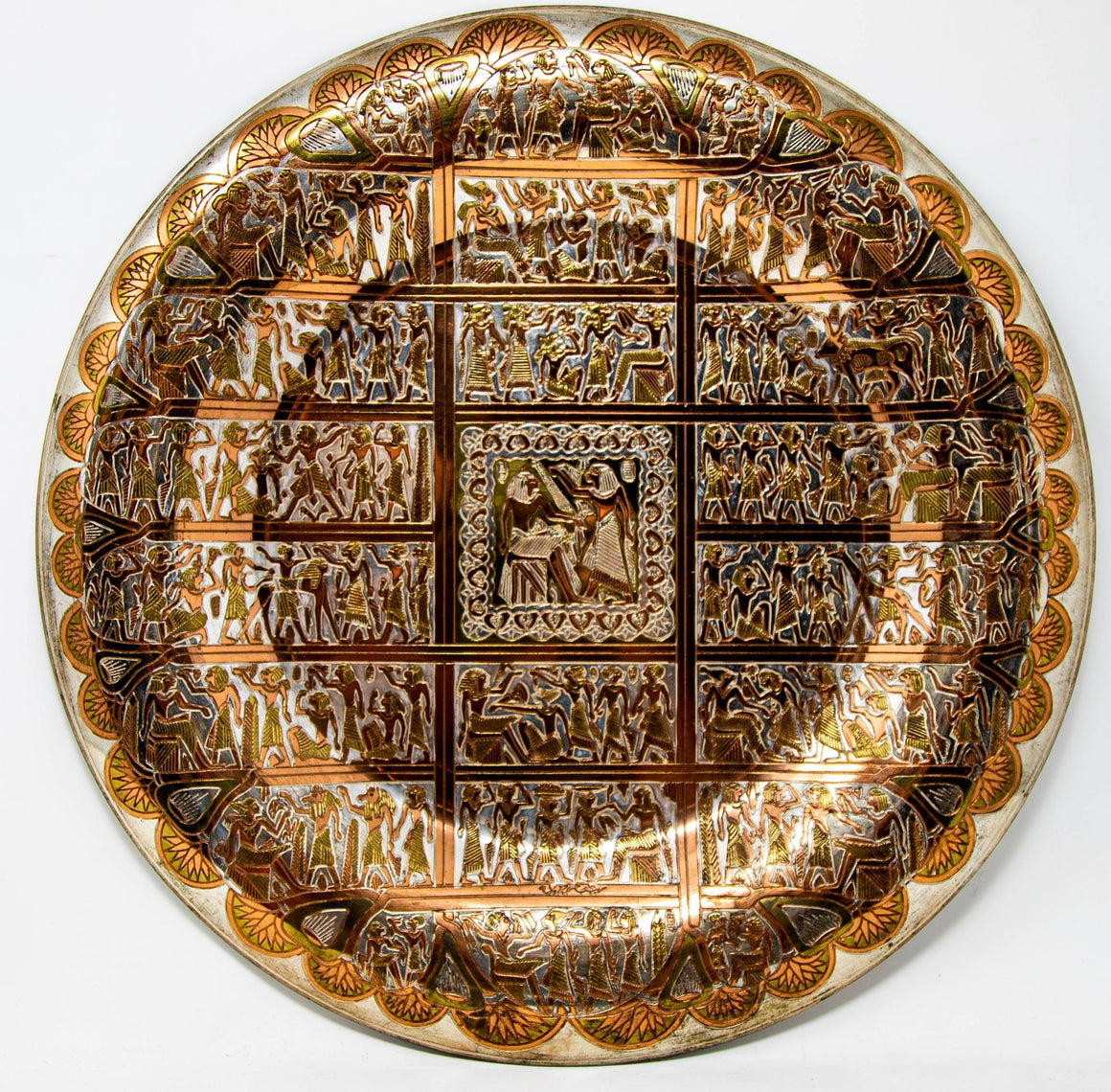 Egyptian Round Brass Tray with Silver and Copper Overlay Wall Hanging Decor