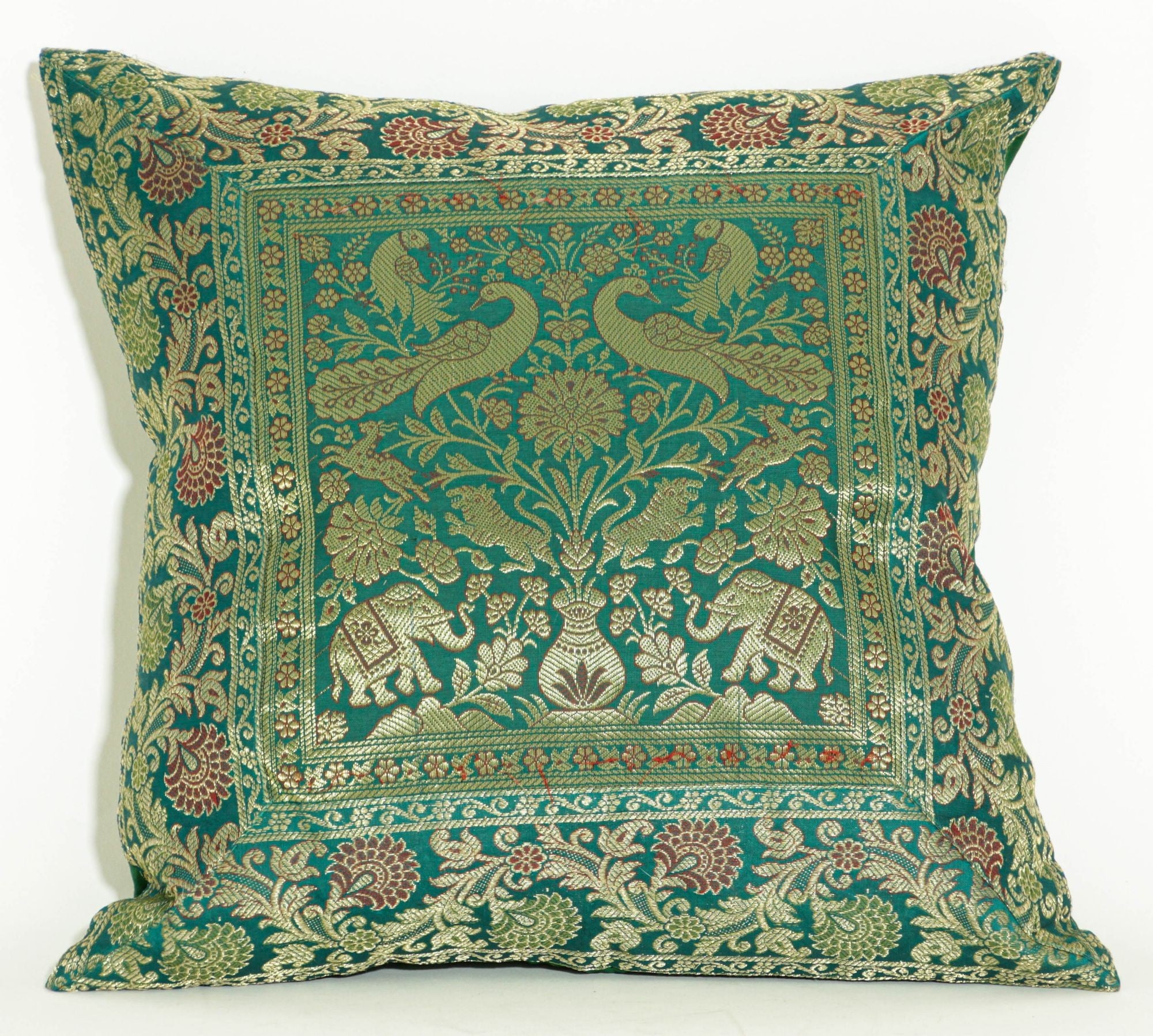 Emerald Green Exotic Silk Throw Pillow with Elephants and Peacocks India