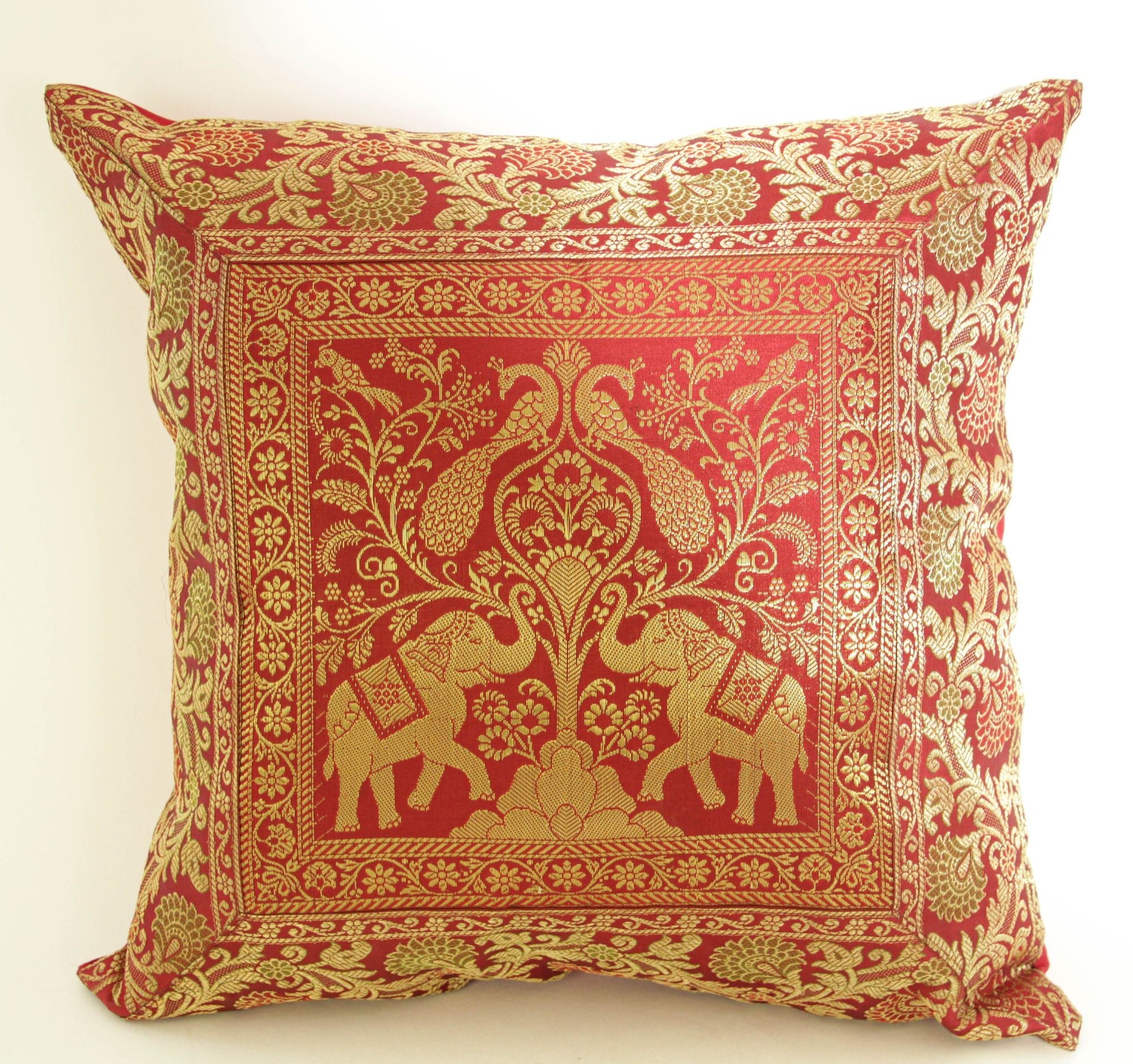 Decorative Silk Throw Pillow with Elephants and Peacocks India