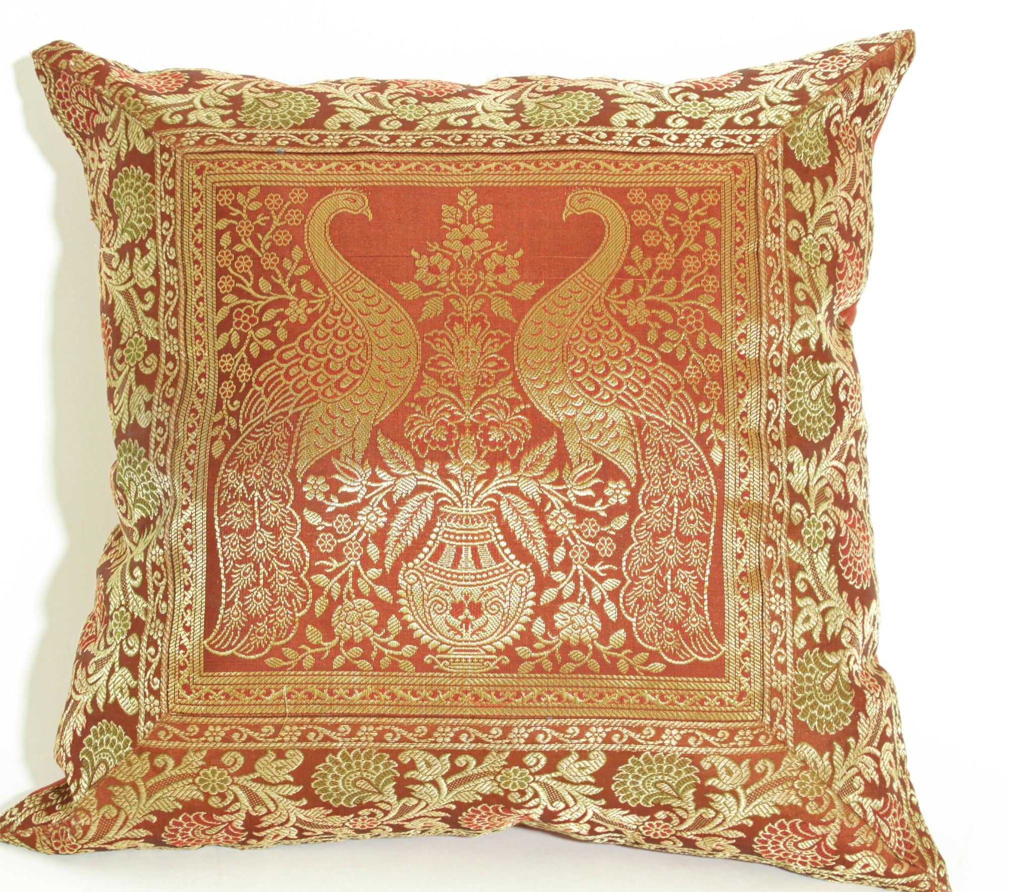 Red Silk Throw Pillow with Elephants and Peacocks India