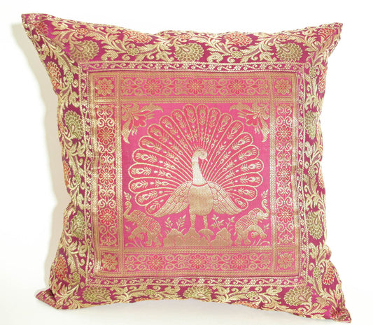 Hot Pink Silk Brocade Throw Pillow, Peacock Design, Indian Art, 1980