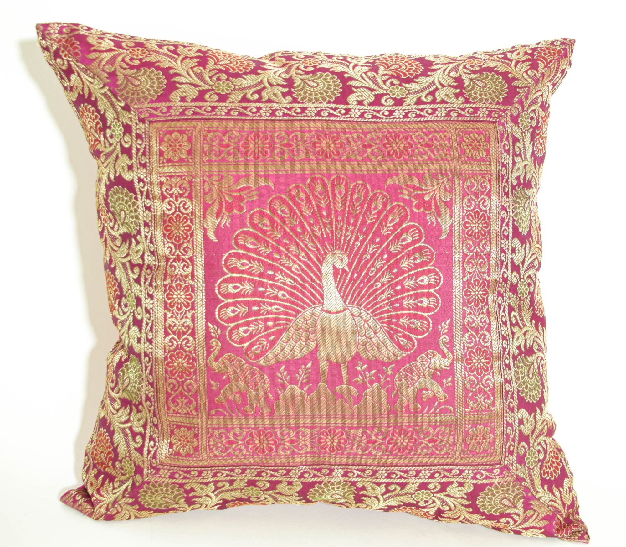 Hot Pink Silk Throw Pillow with Peacocks India