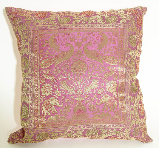 Silk Pink Throw Pillow with Elephants and Peacocks India