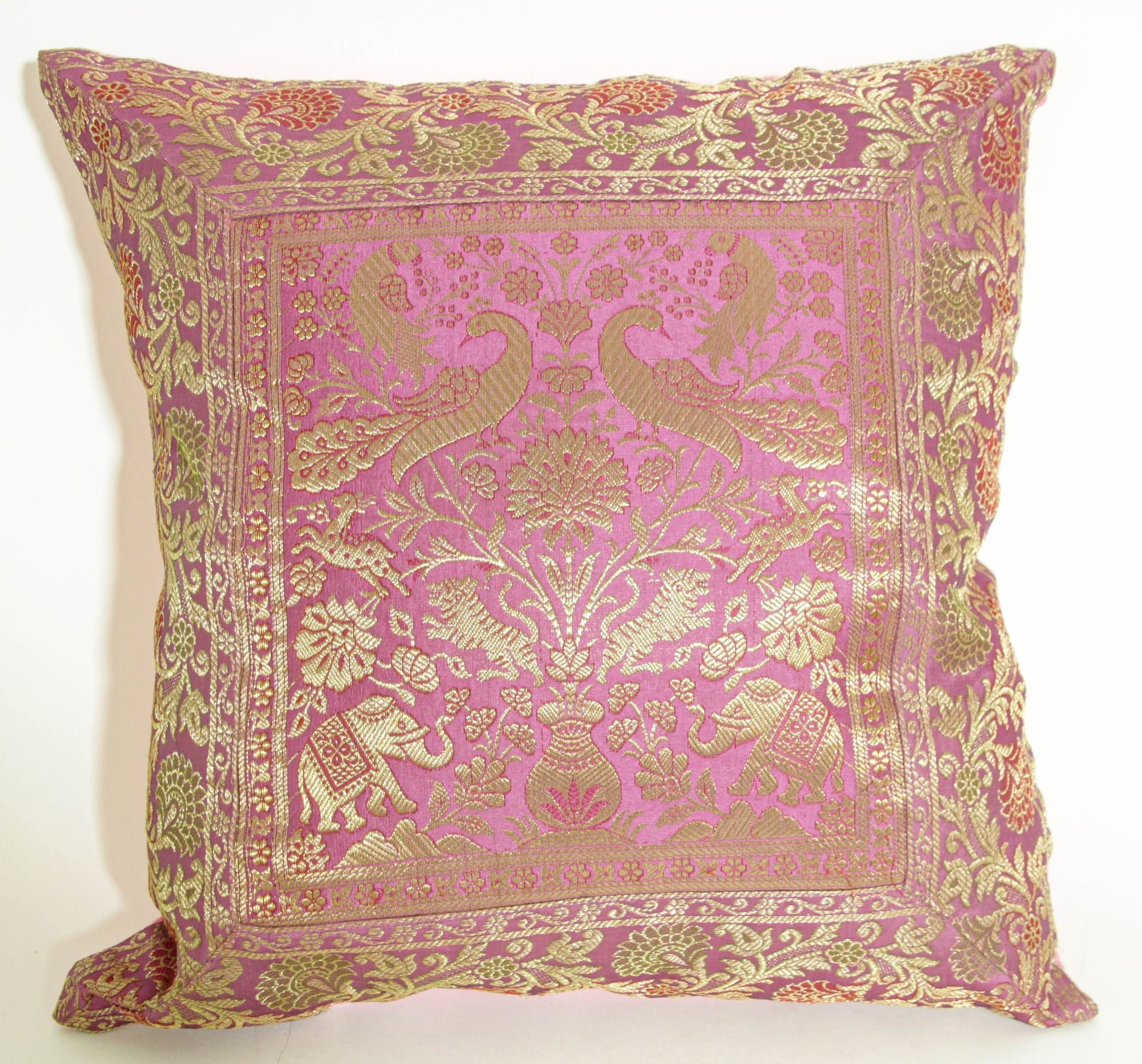 Silk Pink Throw Pillow with Elephants and Peacocks India