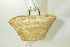 French Moroccan Straw Basket Tote Bag with Piped Leather Handles