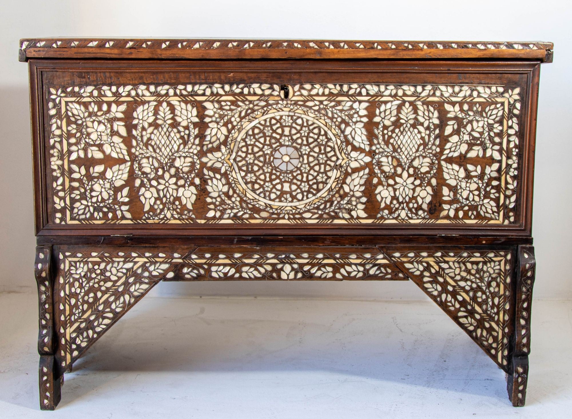 Antique Middle Eastern Mother of Pearl Inlay Dowry Trunk 19th C.