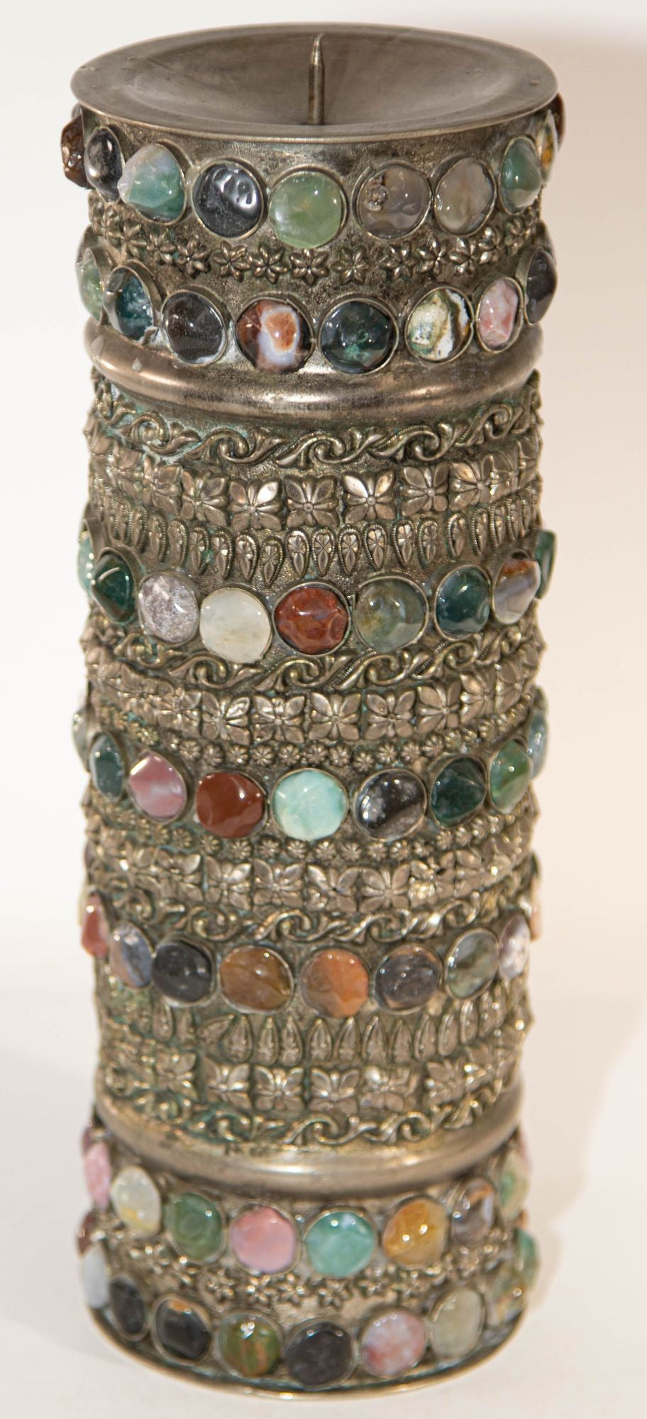 Vintage Agate Inlaid Jewelled Moroccan Silver Candle Holder