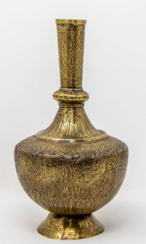 19th Century Antique Persian Brass Etched Vase with Islamic Design