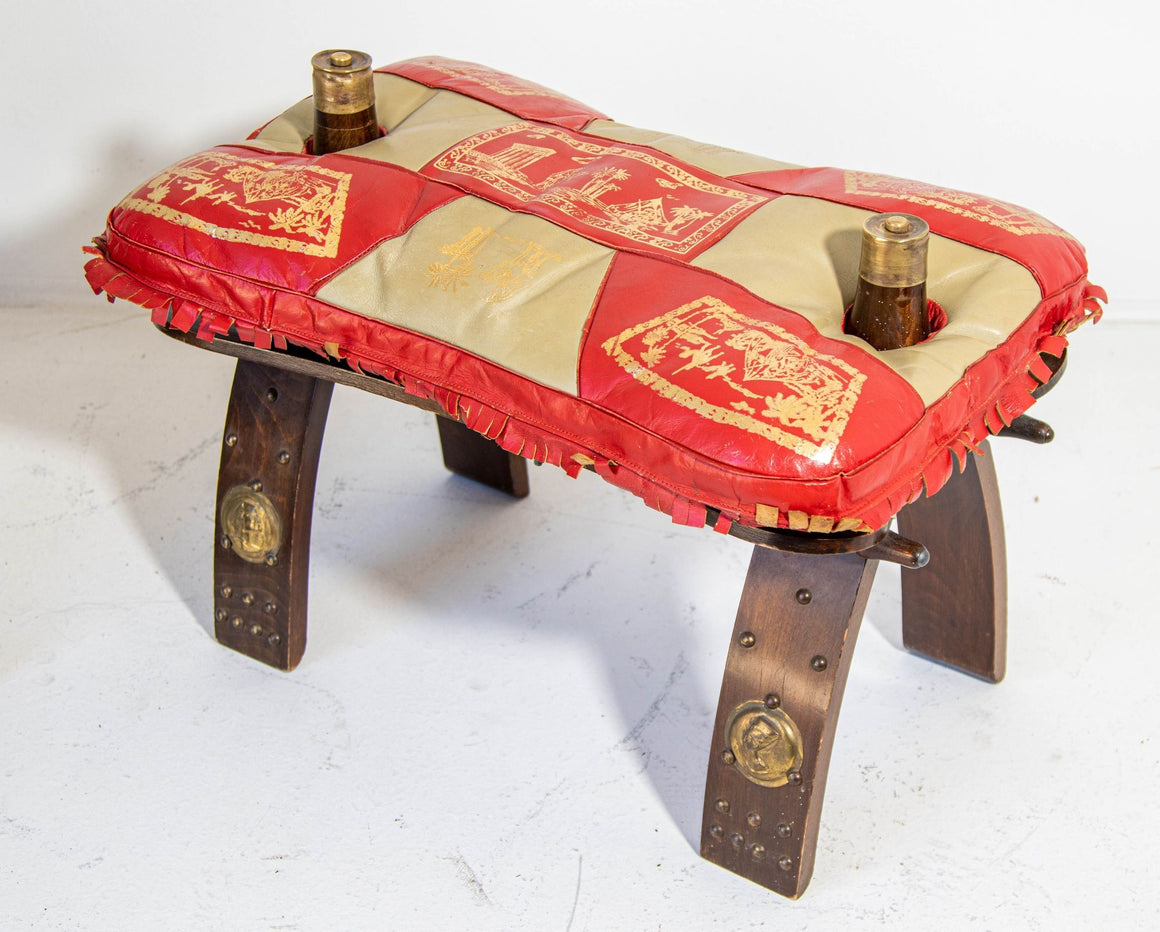 1950s Egyptian Ottoman Camel Saddle Stool with Red and Gold Cushion