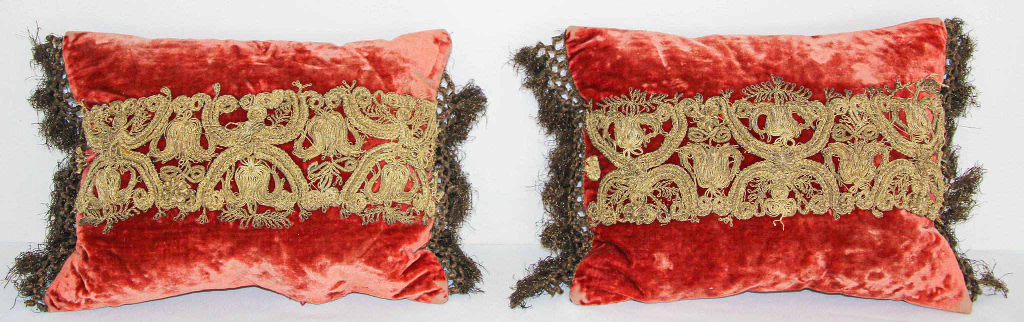 Antique Venetian Moorish Silk Velvet Throw Pillows Embellished with Metallic Treads
