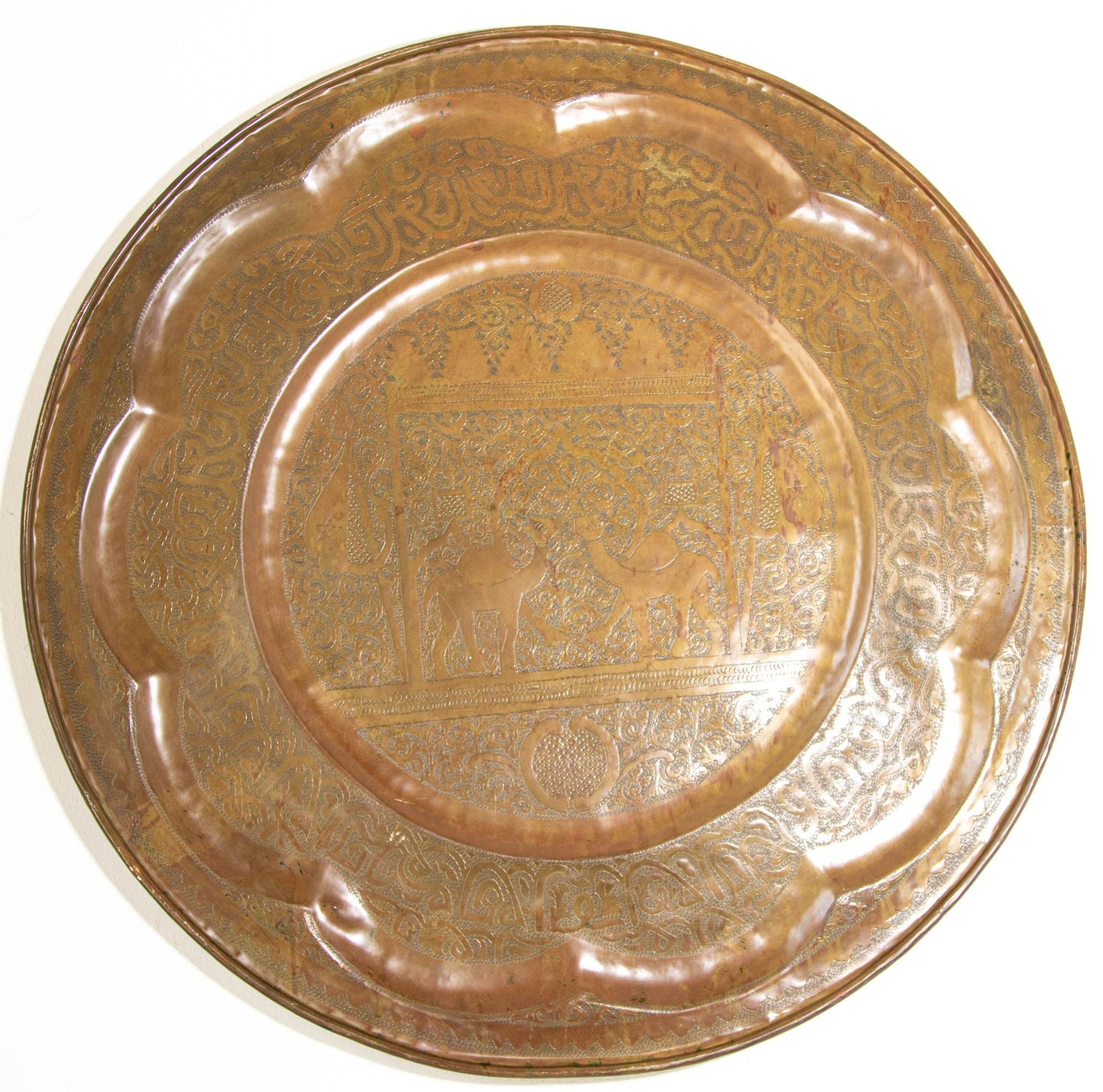 Large Moroccan Round Brass Tray Wall Decor 38 inches Circa 1950's
