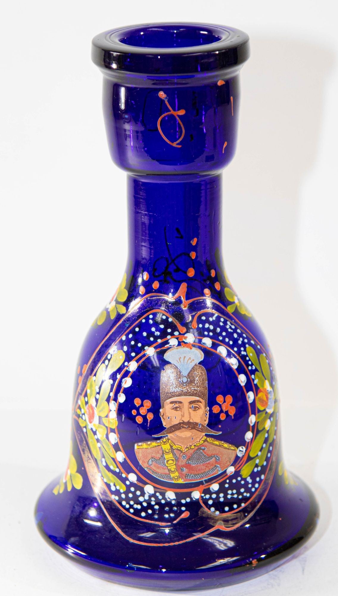 Vintage Royal Blue Enameled Bohemian Glass Vase, Persian Market
