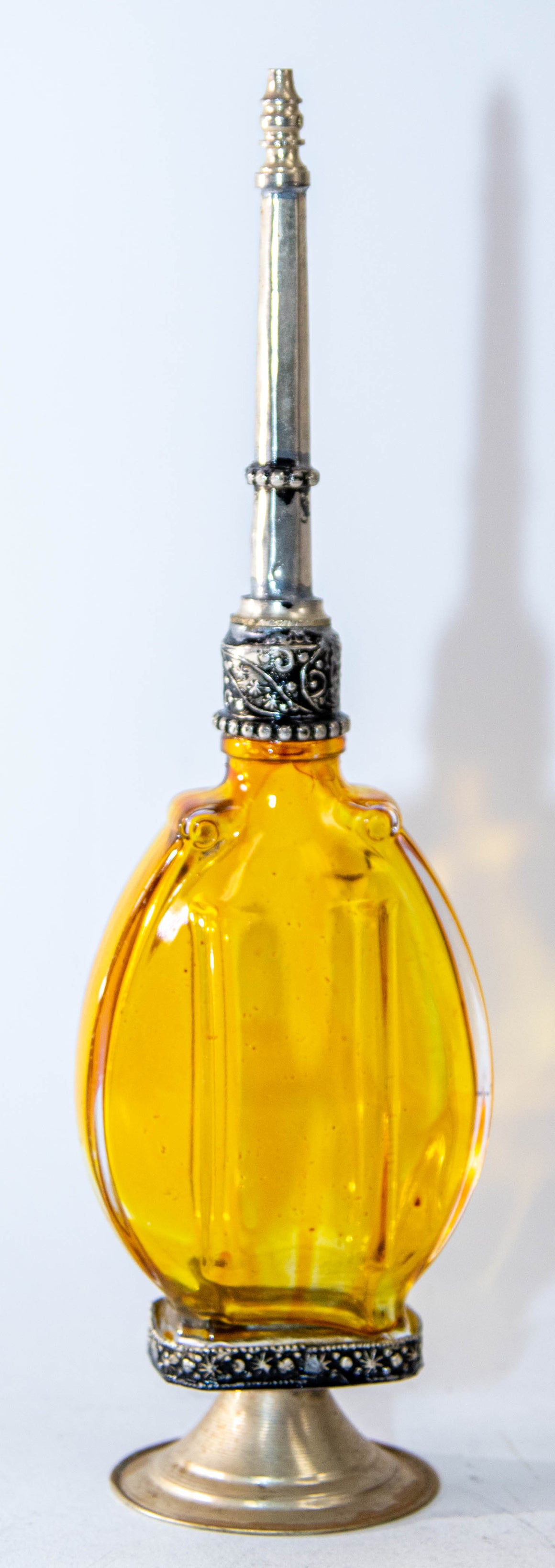 Moroccan Footed Glass Perfume Bottle Sprinkler with Embossed Metal Overlay