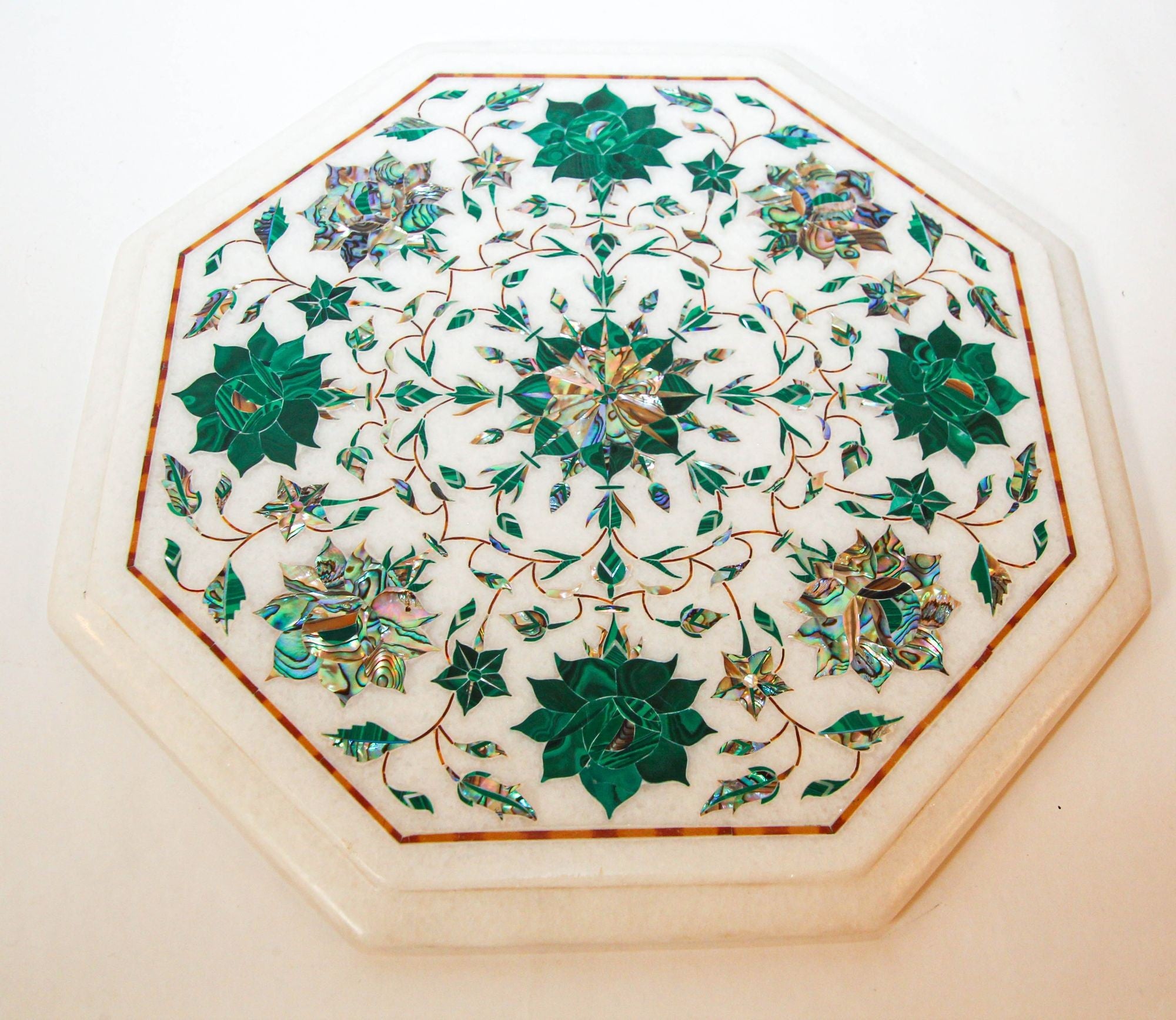 Pietra Dura White Mosaic Octagonal Inlaid Marble Top Handcrafted Agra India 1980
