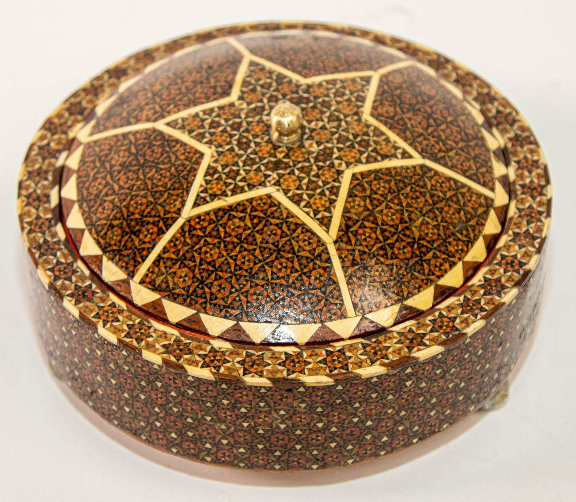 Persian Box Khatam Kari Footed Wooden Round Jewelry Vanity Trinket Moorish Box