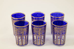 Moroccan Royal Blue Glasses with Gold Moorish Arabesque Design Set of 6 Barware