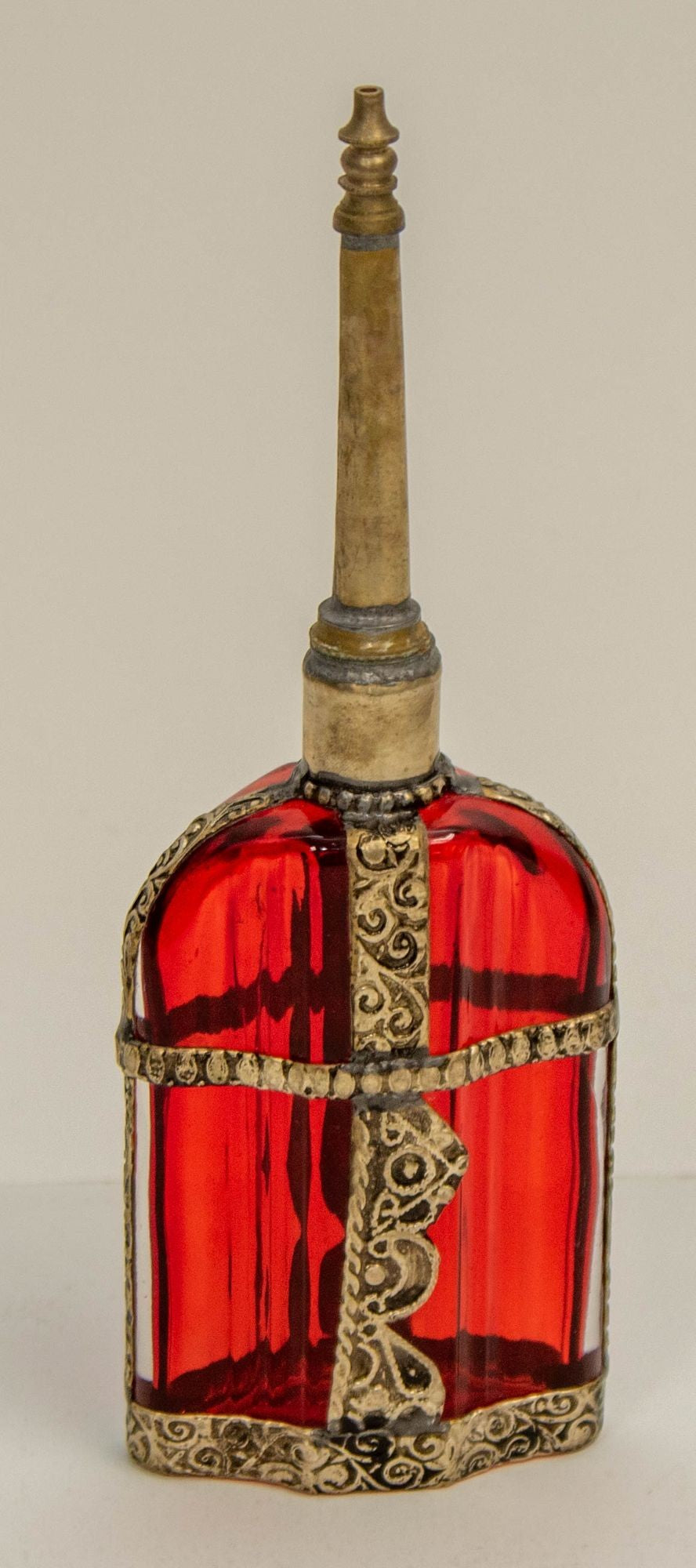 Moroccan Perfume Bottle Sprinkler with Embossed Metal Overlay and Red Glass