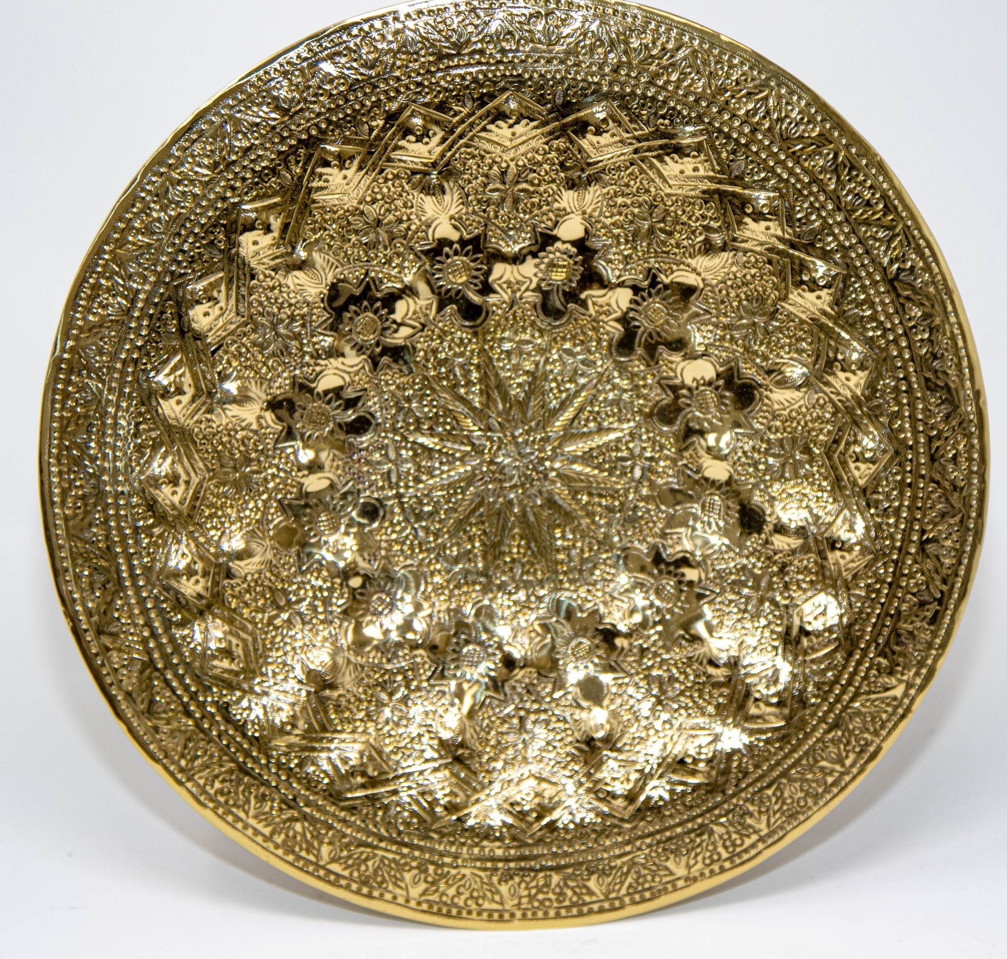 Islamic Persian Polished Brass Tray Collectible Metal Work Platter 10 inches D.
