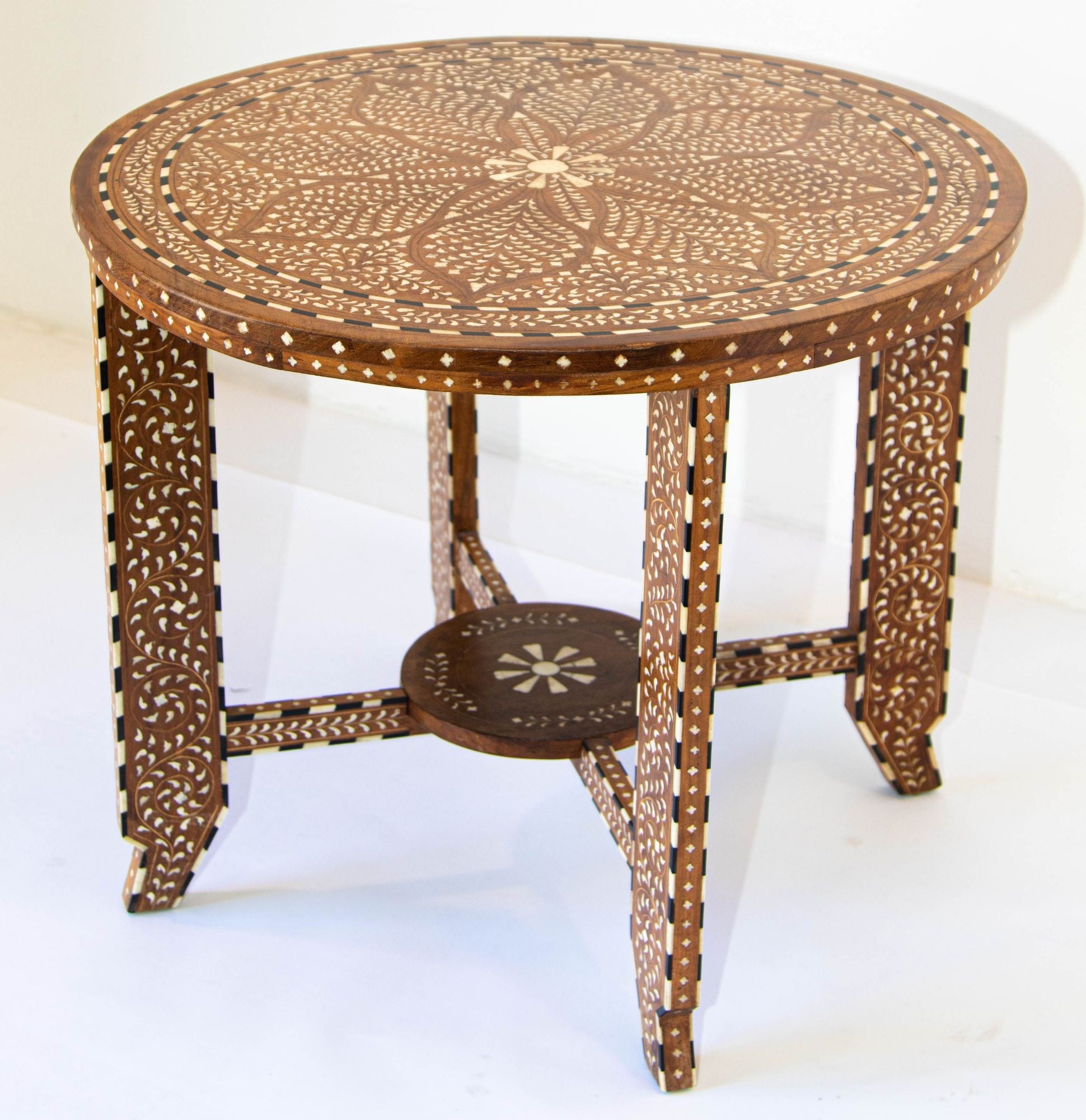 Anglo Indian Mughal Teak Wood Round Side Table with Bone Inlaid