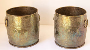 Large Vintage Polished Brass Planters Anglo Raj Hammered Jungle Design a Pair