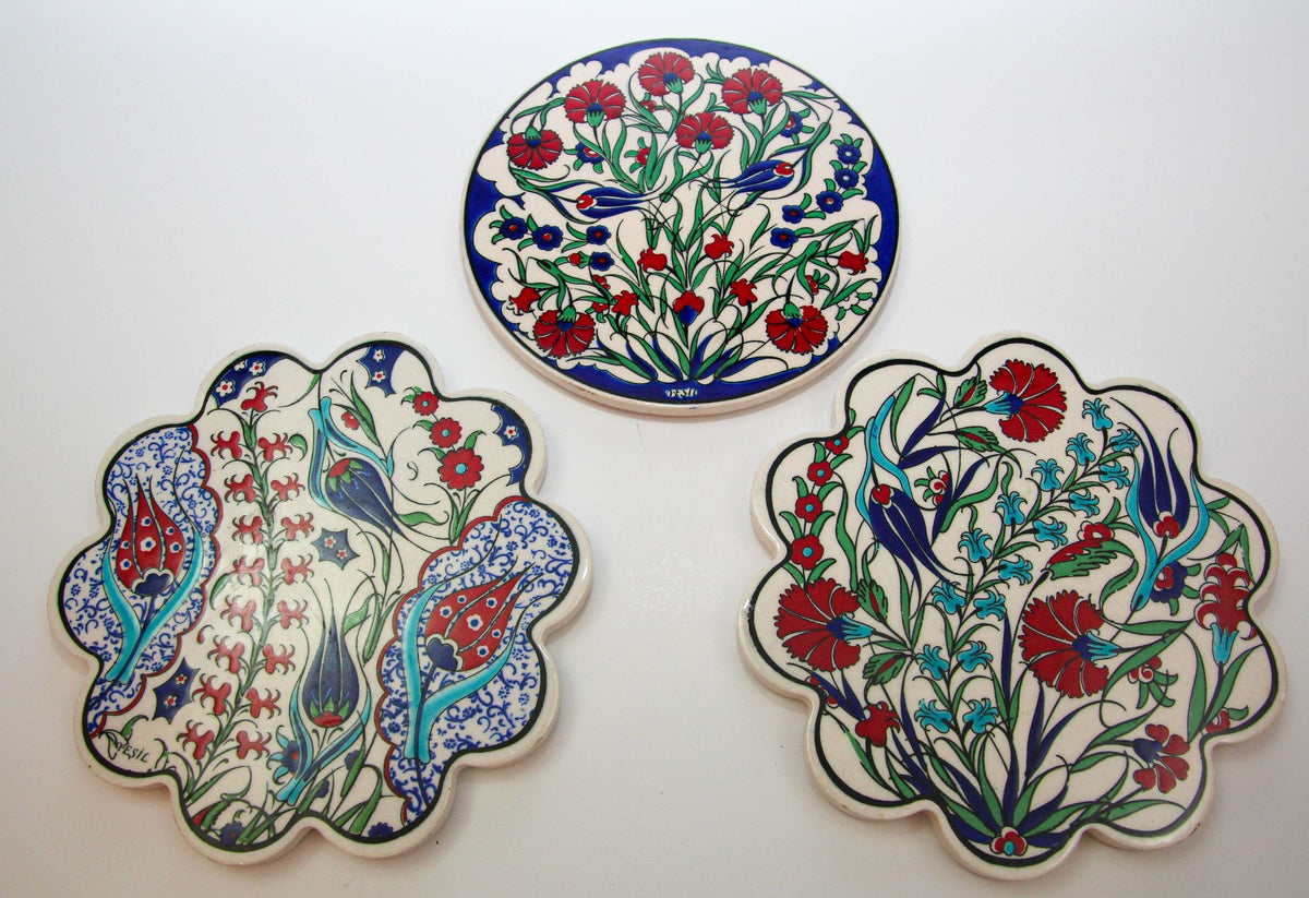 Handcrafted Turkish Iznik Style Ceramic Tiles Set of 3, Vintage, 1980s
