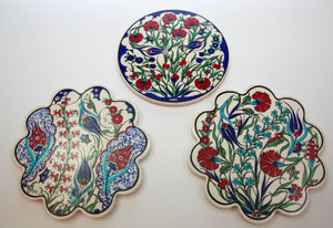 Handcrafted Turkish Iznik Style Ceramic Tiles Set of 3, Vintage, 1980s