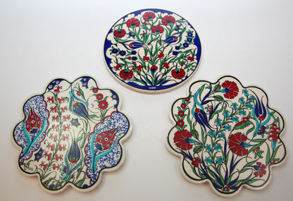 Handcrafted Turkish Iznik Style Ceramic Tiles Set of 3, Vintage, 1980s