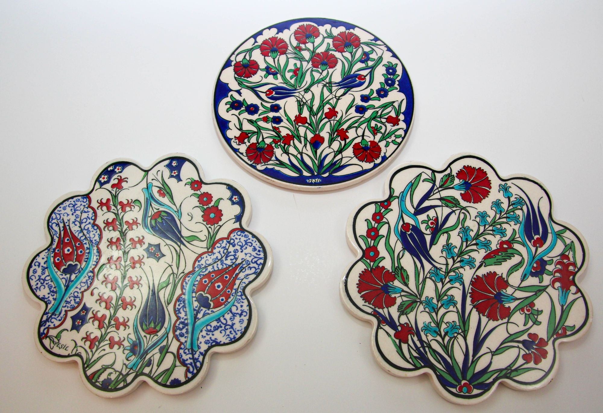 Turkish Iznik Style Ceramic Tiles Set of 3