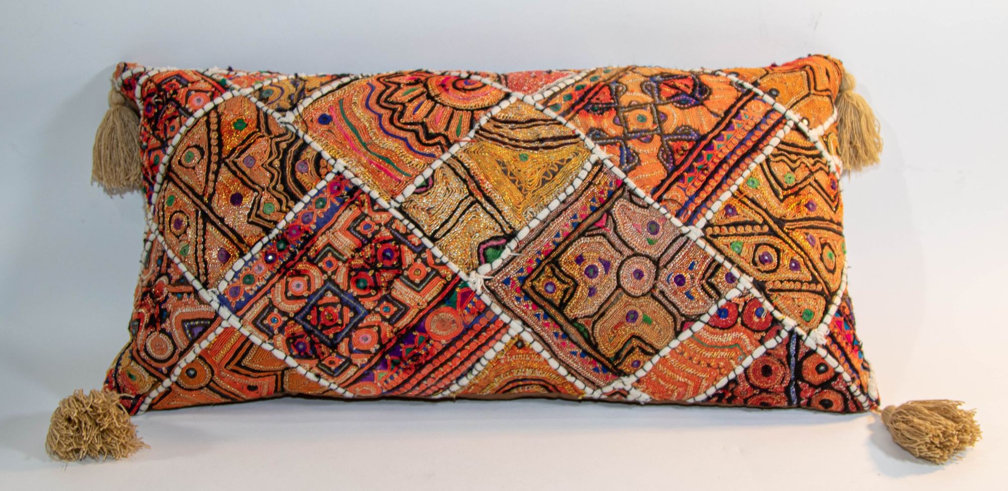 Vintage Pillow in Colorful Embroidered Fabric Patchwork Rajasthan India