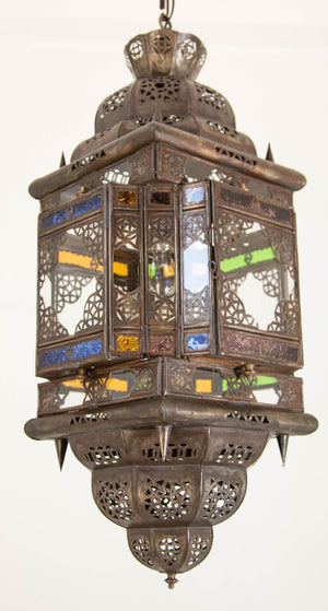 Vintage Moroccan Hanging Lantern Clear and Multicolor Glass Made in Marrakech