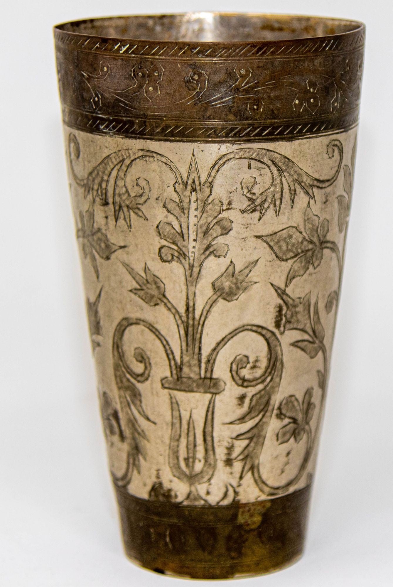 Antique Engraved Metal Silvered Beaker or Vase from India 1940s