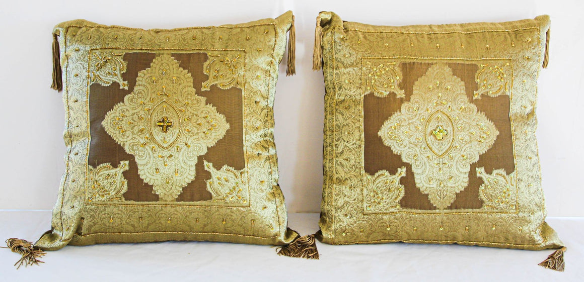 Gold Moorish throw Pillows Embellished with Sequins and Beads a Pair