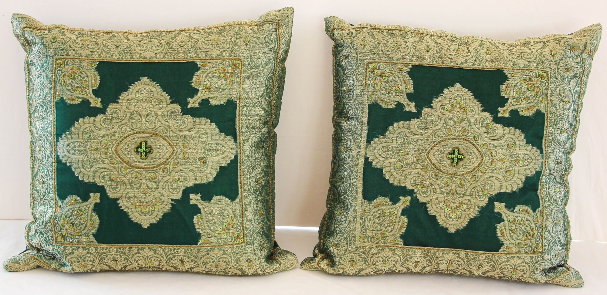Emerald Green Moorish Throw Pillows Embellished with Sequins and Beads a Pair